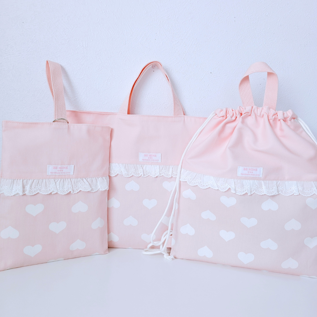 送料無料★入学・入園3点セット★ゆめかわ　ハート柄★レッスンバッグ・上履き入れ・ナップサック