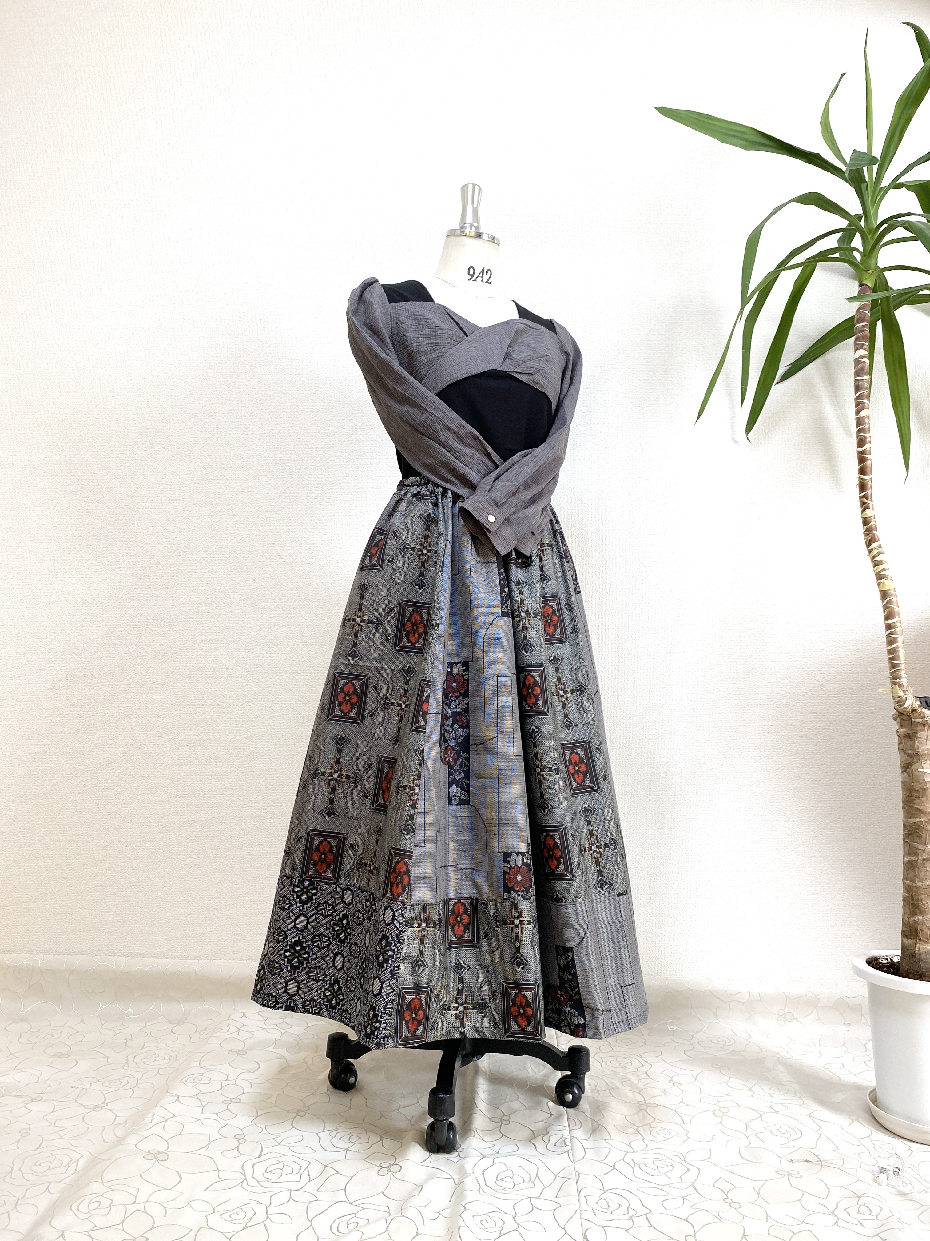 大人可愛いセレブ大島着物スカート大島紬着物リメイクロングスカートフリーサイズ1点物ハンドメイド送料込みNO.5876