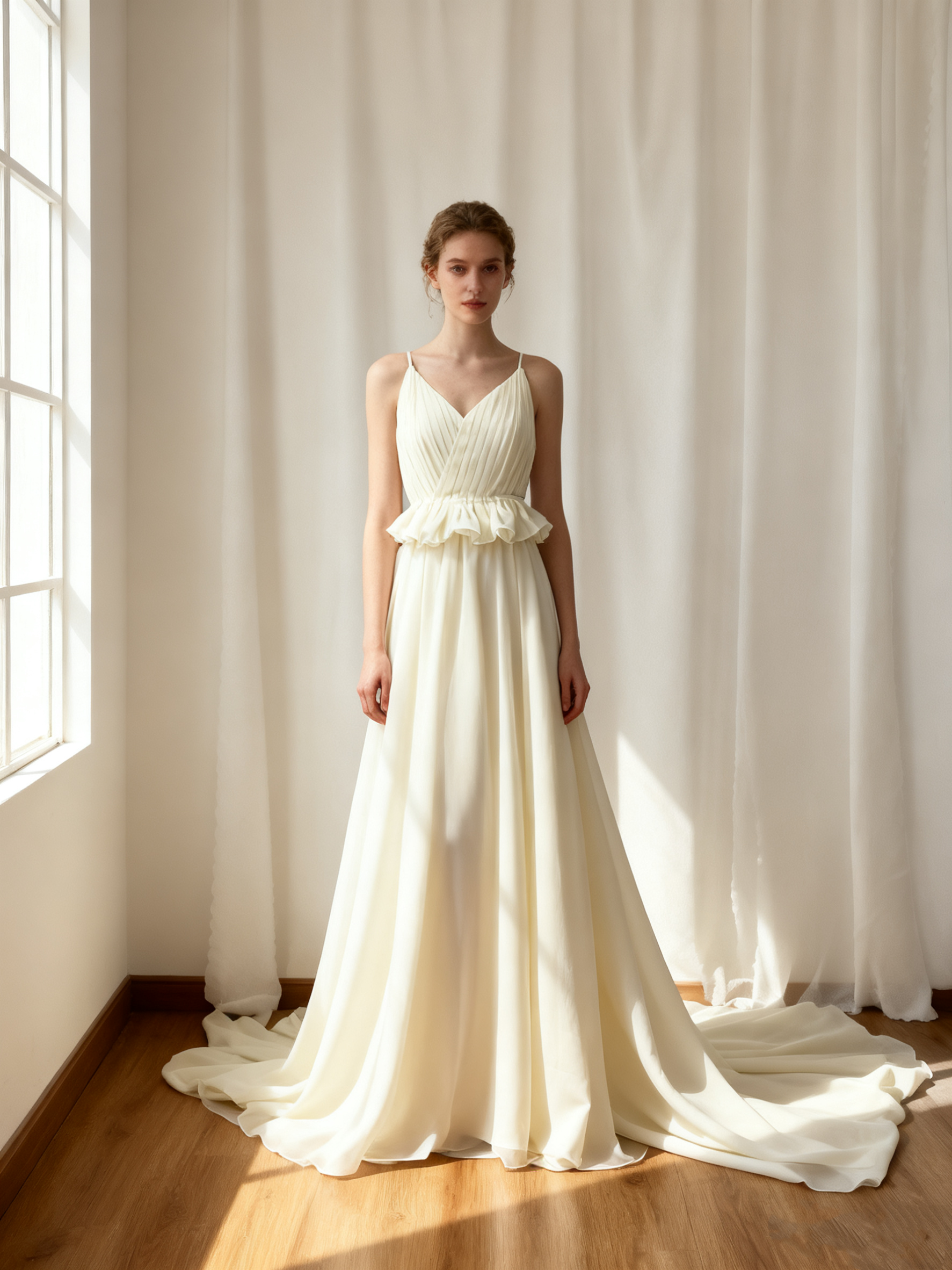 送料無料！エレガント ウエディングドレス ホワイト シルク キャミソール ミニトレーン 2次会 挙式 前撮 バックレス