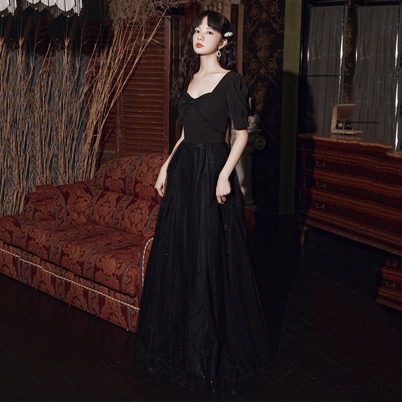 高級感 黒 半袖 パーティードレス シンプル 韓国風 花嫁 演奏会 誕生日 成人式 前撮り HL874