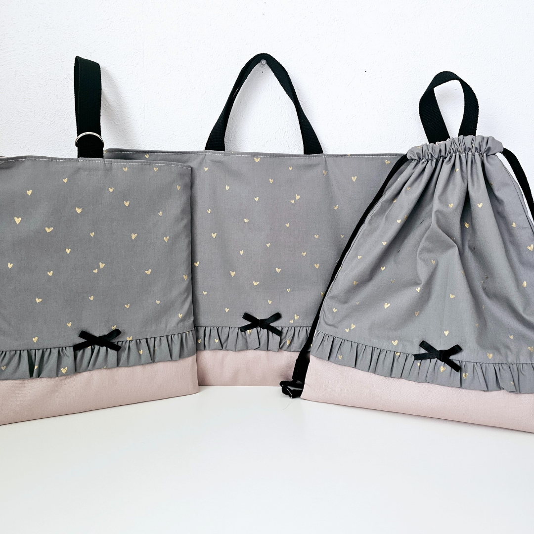 送料無料♡入学・入園3点セット♡ゴールド　ハート柄♡レッスンバッグ・上履き入れ・ナップサック