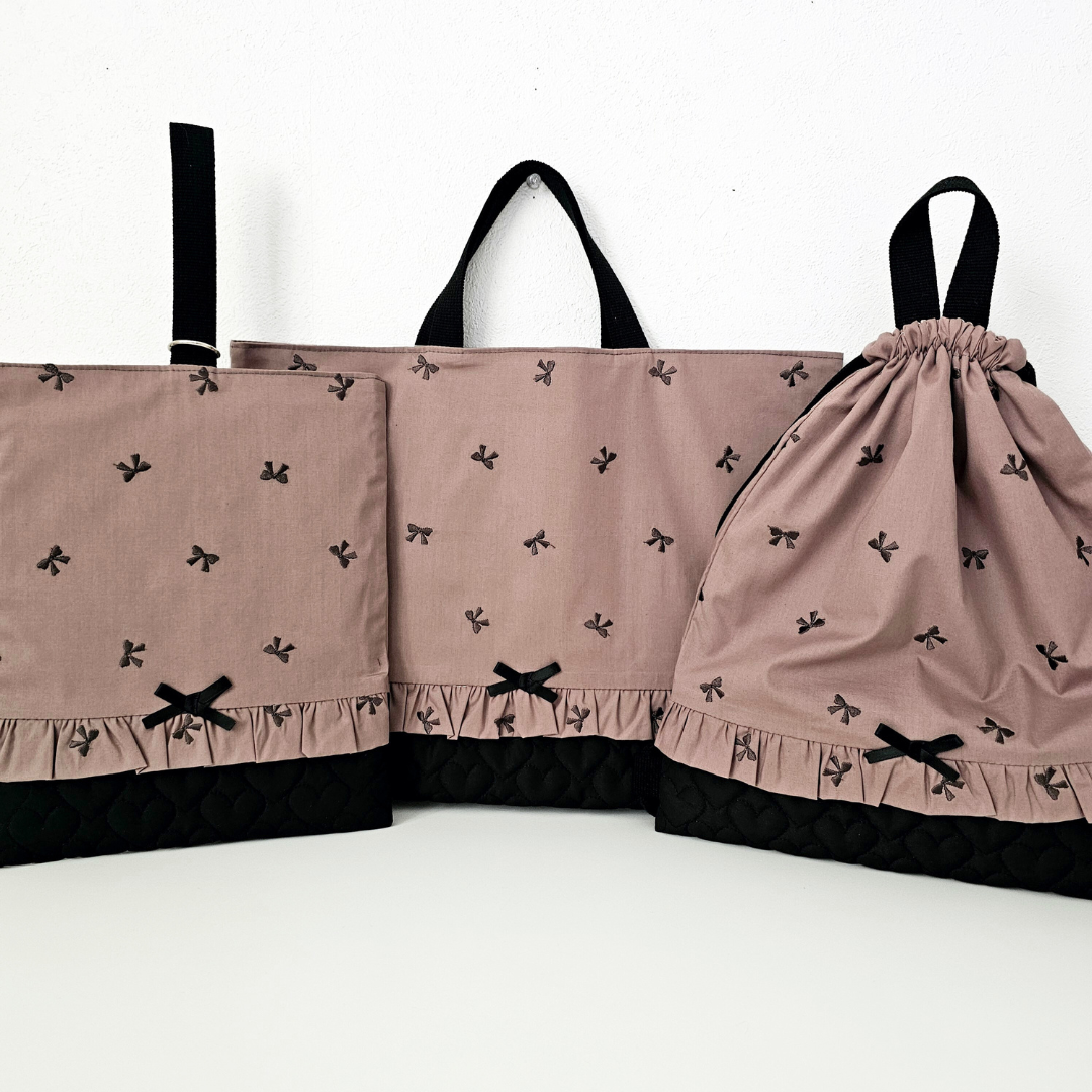 送料無料♡入学・入園3点セット♡刺繍リボン柄ハートキルティング♡レッスンバッグ・上履き入れ・ナップサック