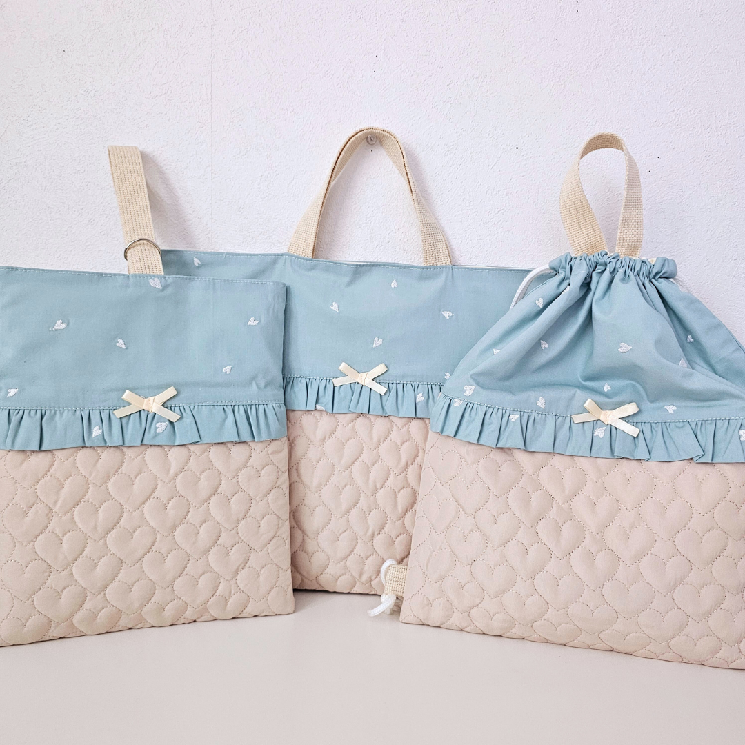 送料無料♡入学・入園3点セット♡刺繍ハート柄ハートキルティング♡レッスンバッグ・上履き入れ・ナップサック