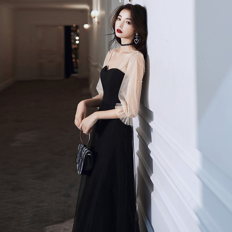 高級感 黒 五分袖 パーティードレス シンプル 韓国風 花嫁 パーティー 演奏会 誕生日 前撮り HL881