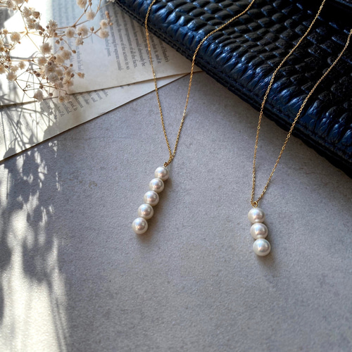 vertical pearls 国産貝パールの3連・5連ラインネックレス