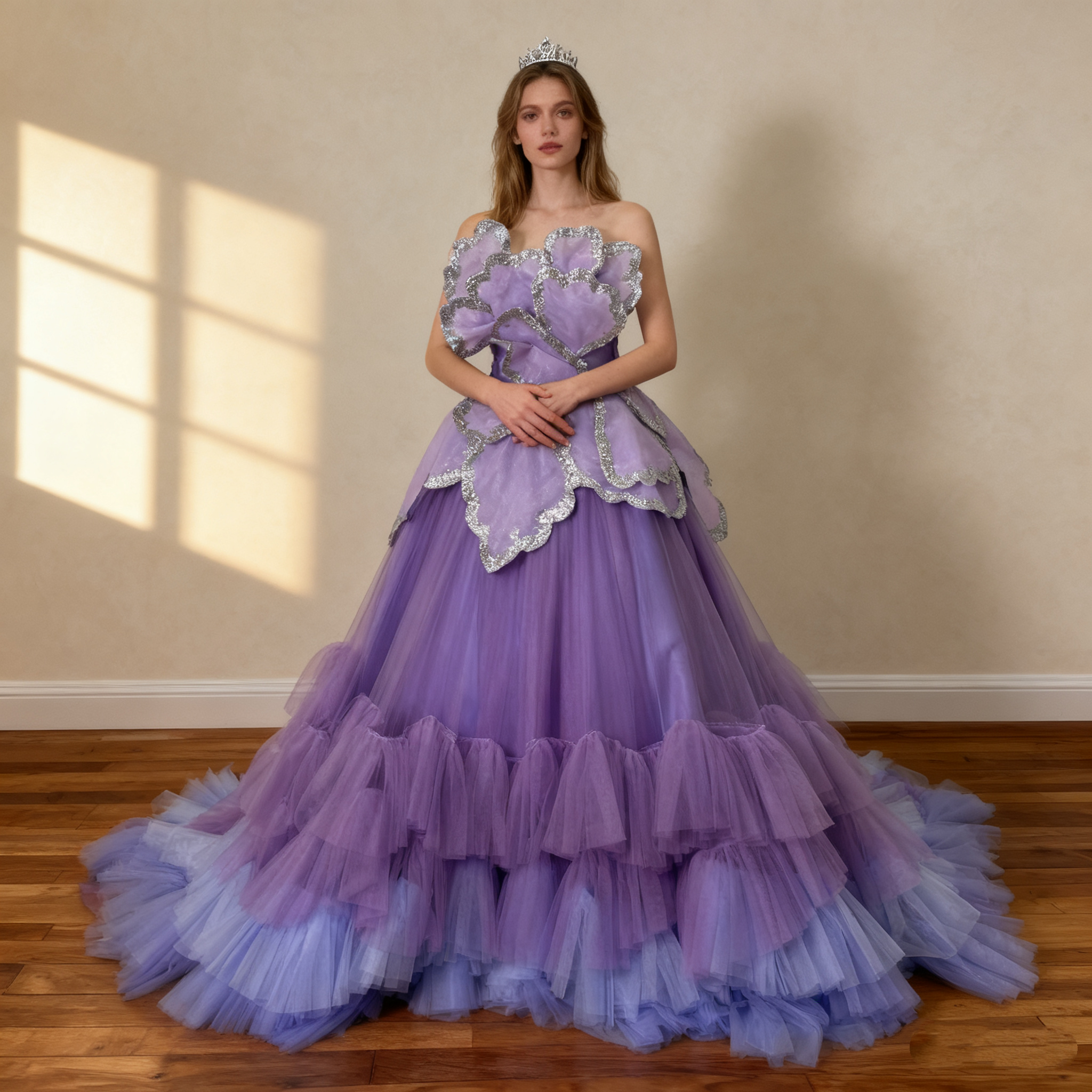 送料無料！カラードレス パープル グラデーションドレス 編み上げ プリンセスライン バラトレーン ふわふわ 花嫁