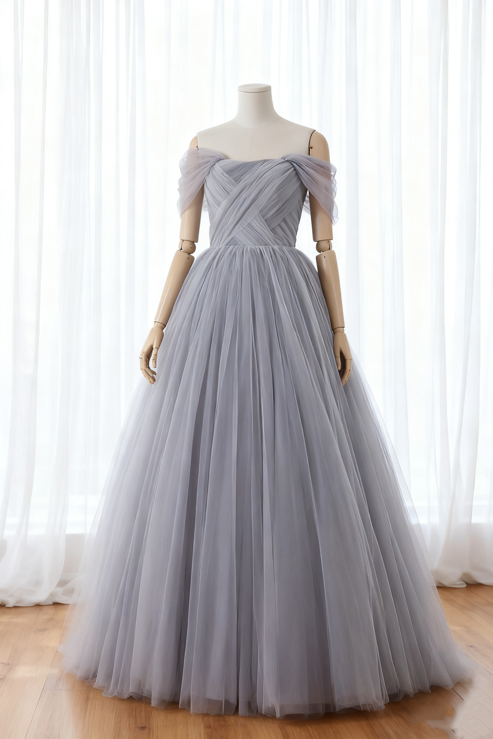 送料無料！ カラードレス  オフショルダー  ブルーグレー ソフトチュール 結婚式/披露宴