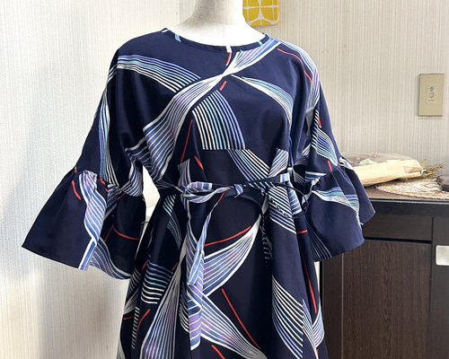 綿 ハイウエスト 後ろ開きリボン チュニック フレア袖 浴衣 反物 着物