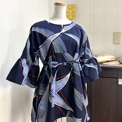 綿 ハイウエスト 後ろ開きリボン チュニック フレア袖 浴衣 反物 着物