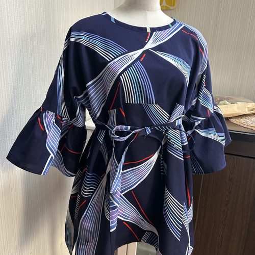 綿 ハイウエスト 後ろ開きリボン チュニック フレア袖 浴衣 反物 着物