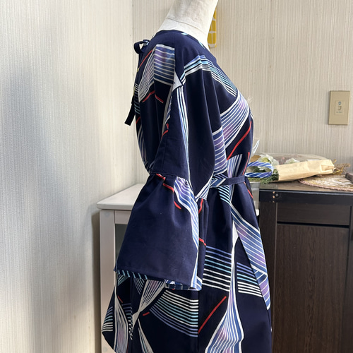 綿 ハイウエスト 後ろ開きリボン チュニック フレア袖 浴衣 反物 着物