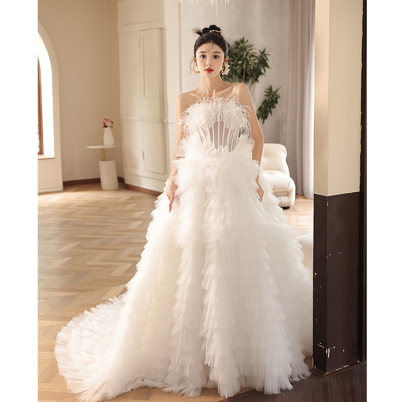 高級感 白 ウェディングドレス 裾引き プリンセス 優雅 綺麗 花嫁 誕生日 成人式 二次会 前撮り 08616