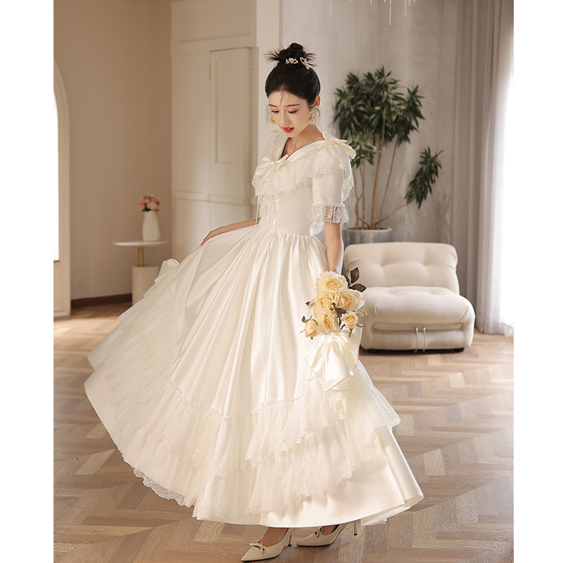 高級感 白 半袖 リボン ウェディングドレス プリンセス 可愛い 綺麗 花嫁 誕生日 成人式 二次会 前撮り 08617