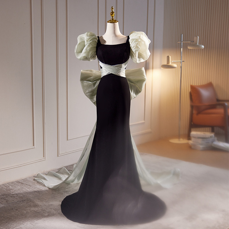 高級感 黒 パフスリーブ リボン マーメイドドレス 優雅 花嫁 誕生日 演奏会 二次会 前撮り 披露宴 08611