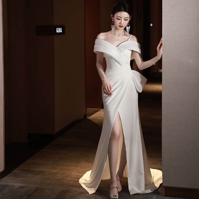 高級感 白 オフショルダー マーメイドドレス 裾引き プリンセス 綺麗 花嫁 誕生日 成人式 二次会 前撮り 08604