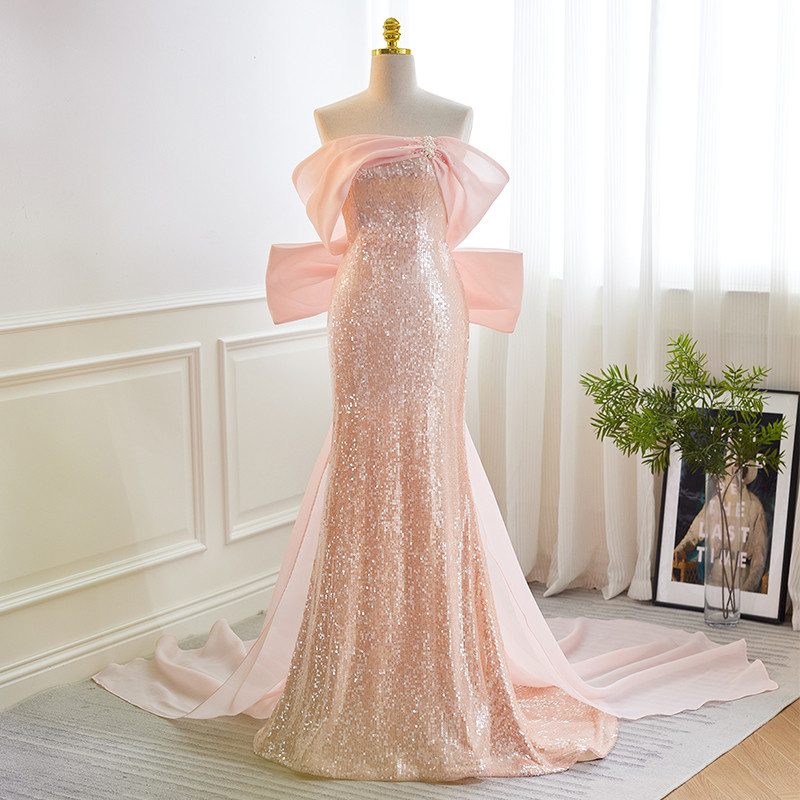 綺麗 ピンク リボン スパンコール マーメイドドレス 裾引き 優雅 誕生日 演奏会 二次会 前撮り 披露宴 08592