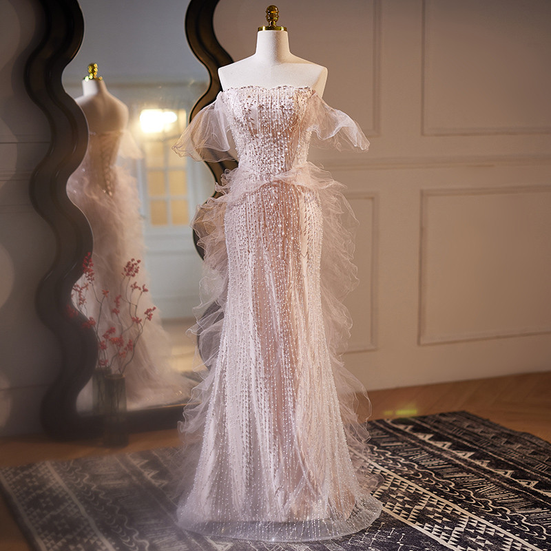 綺麗 ピンク パール オフショルダー マーメイドドレス 花嫁 優雅 誕生日 演奏会 二次会 前撮り 披露宴 08588