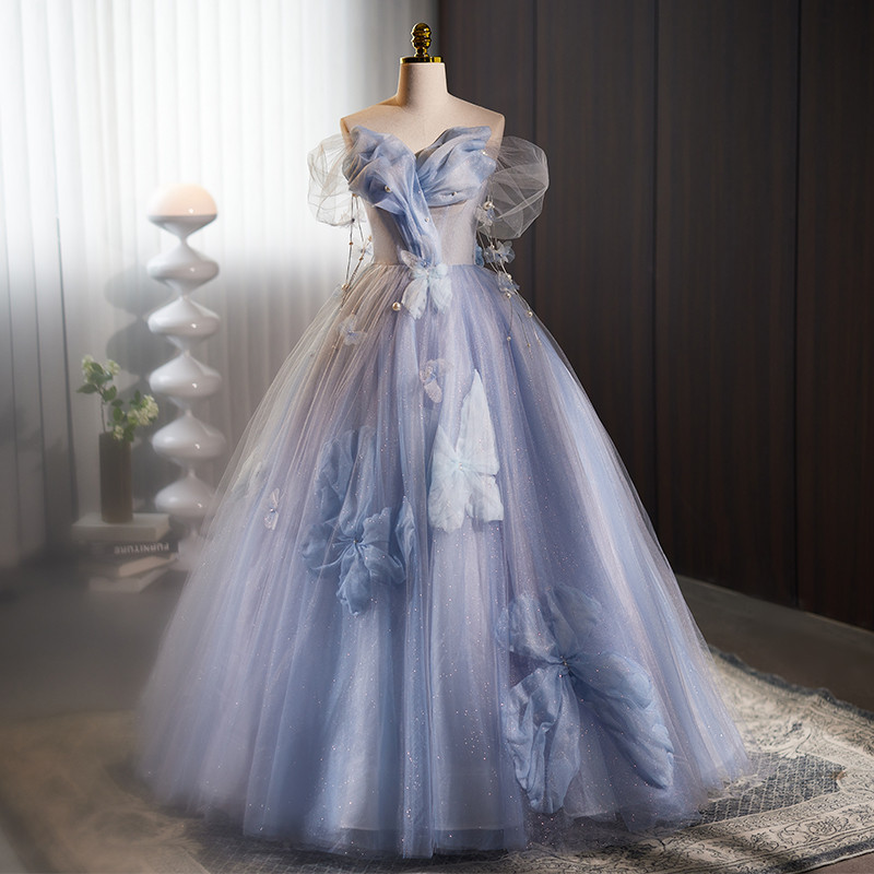 綺麗 青 オフショルダー ちょう パーティードレス プリンセス 花嫁 誕生日 演奏会 二次会 前撮り 披露宴 08584