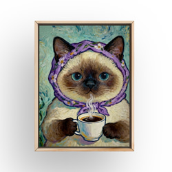 絵画。原画手描【週末、猫ちゃんたちのコーヒーとパンのパーティー】 絵画。原画【ウサギのフードをかぶったかわいい猫ちゃん2匹】 絵画