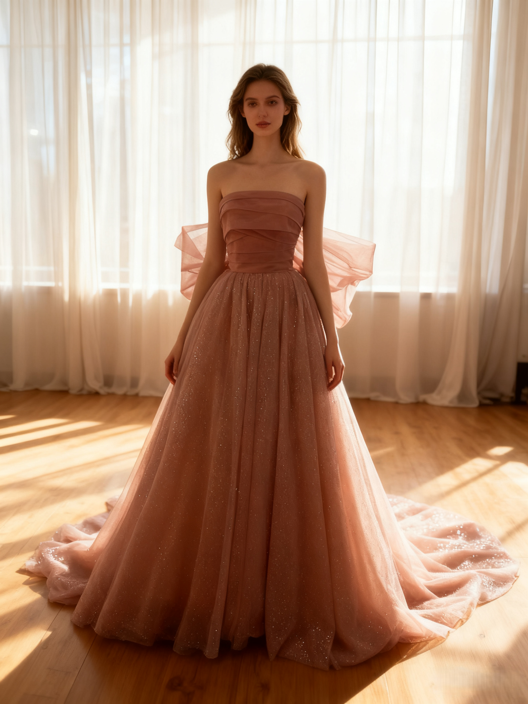 カラードレス くすみピンク ベアトップ キラキラ チュールスカート ふっくら柔らかなバックリボン 披露宴