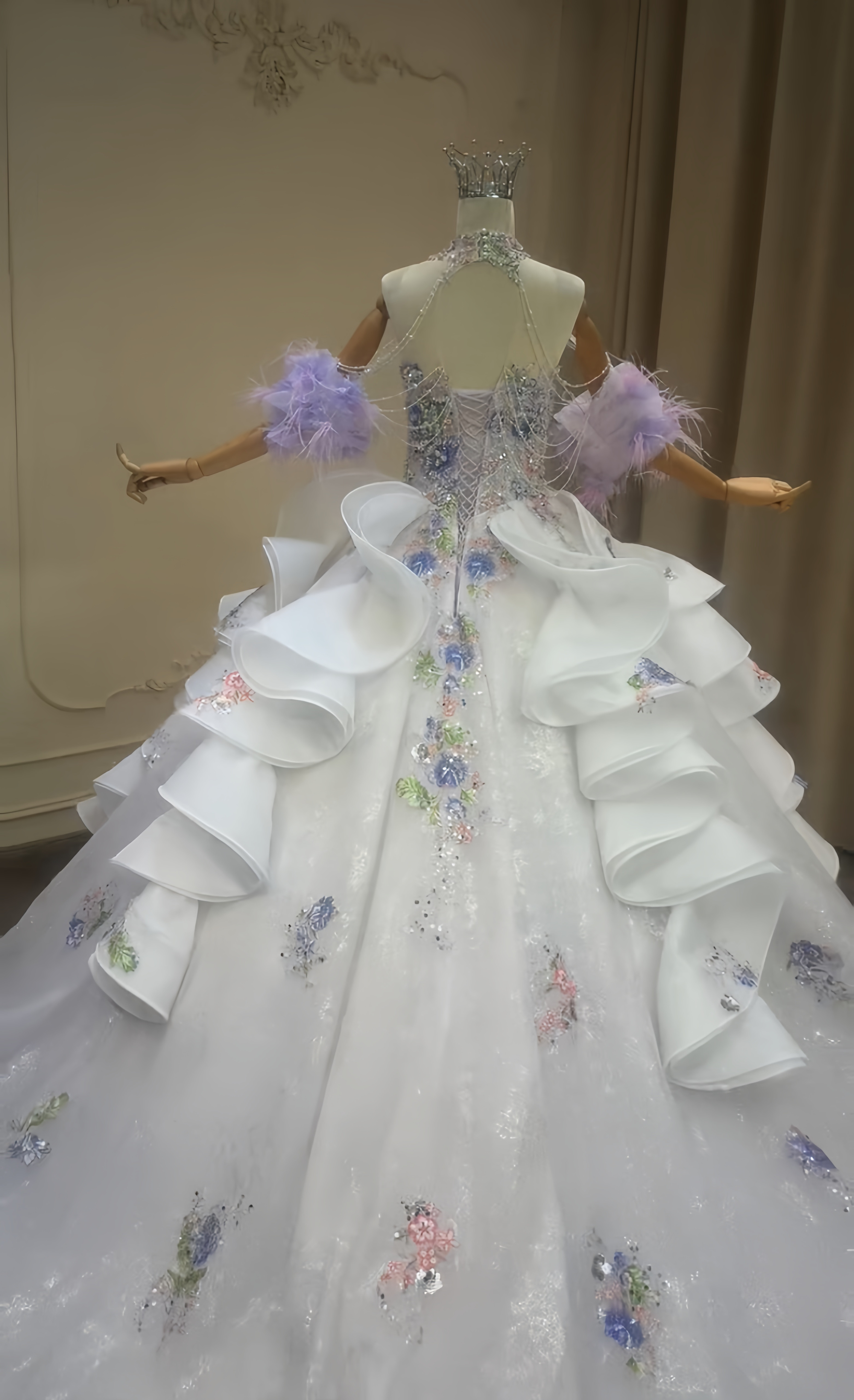 見逃さないで！パープル+ピンク+ブルー飾り　贅沢　カラードレス　可愛い　ベール付き　前撮りお呼ばれ披露宴二次会　編み上げ