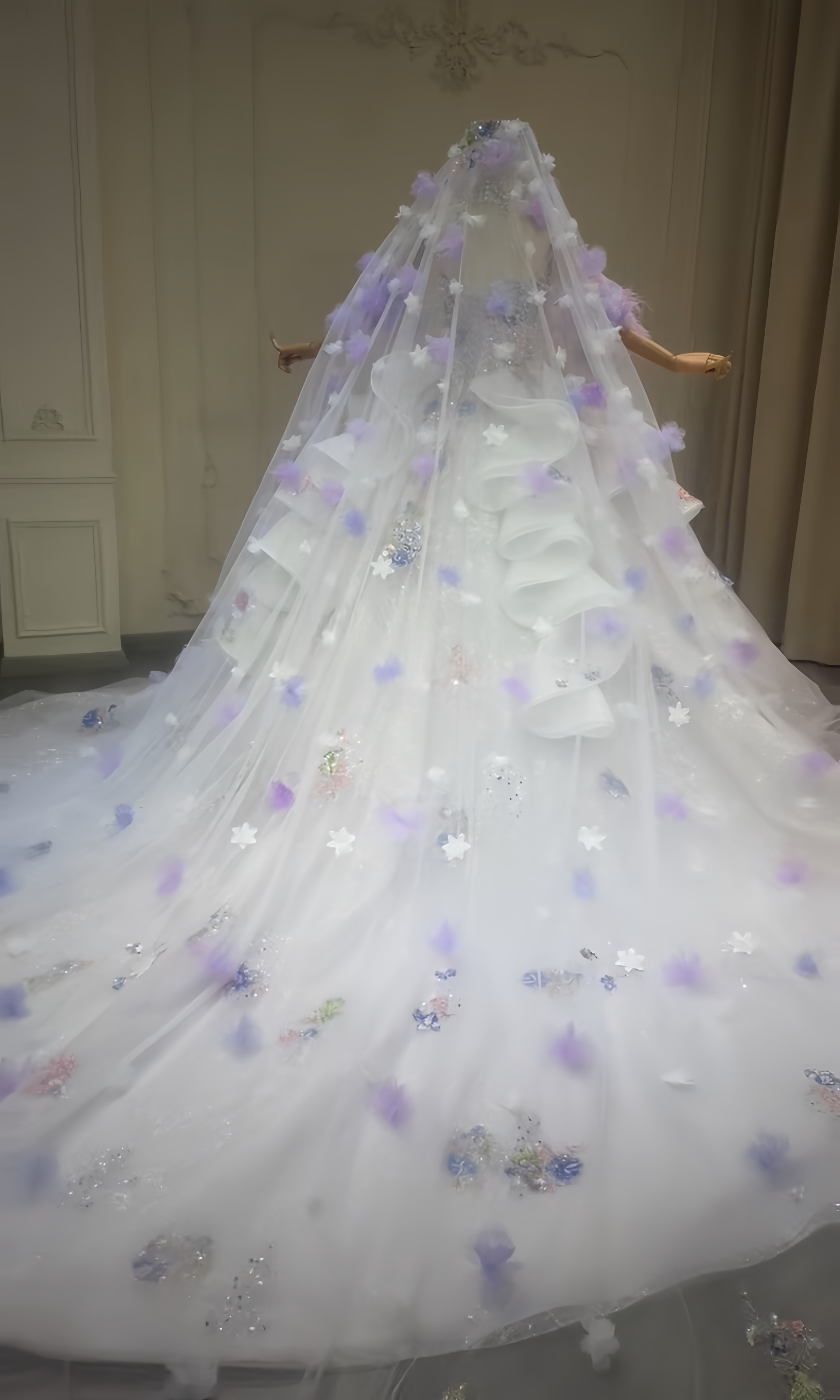 見逃さないで！パープル+ピンク+ブルー飾り　贅沢　カラードレス　可愛い　ベール付き　前撮りお呼ばれ披露宴二次会　編み上げ