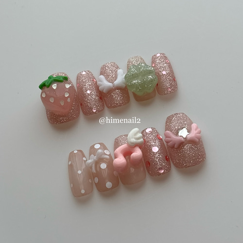 No.35】ピンク ウィッシュコア ネイルチップ エンジェル クローバー 羽