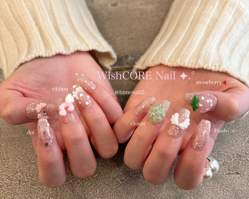 No.35】ピンク ウィッシュコア ネイルチップ エンジェル クローバー 羽