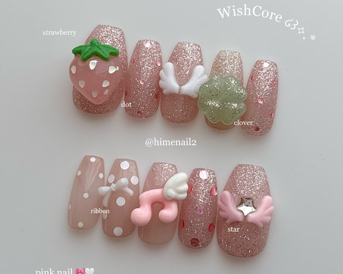 No.35】ピンク ウィッシュコア ネイルチップ エンジェル クローバー 羽