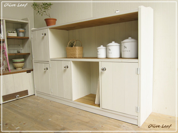 ※送料がかなり安くなりました！オーダー可！●超ワイドロータイプ4扉キャビネット●シャビーホワイト無垢材●受注製作