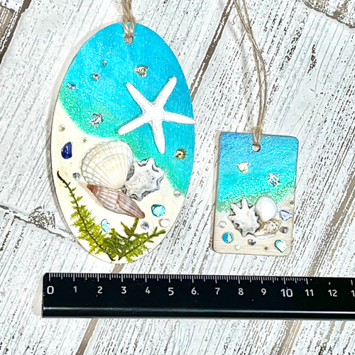 2個セット》木製マリンプレート ターコイズの海 天然素材＊貝殻・コケ