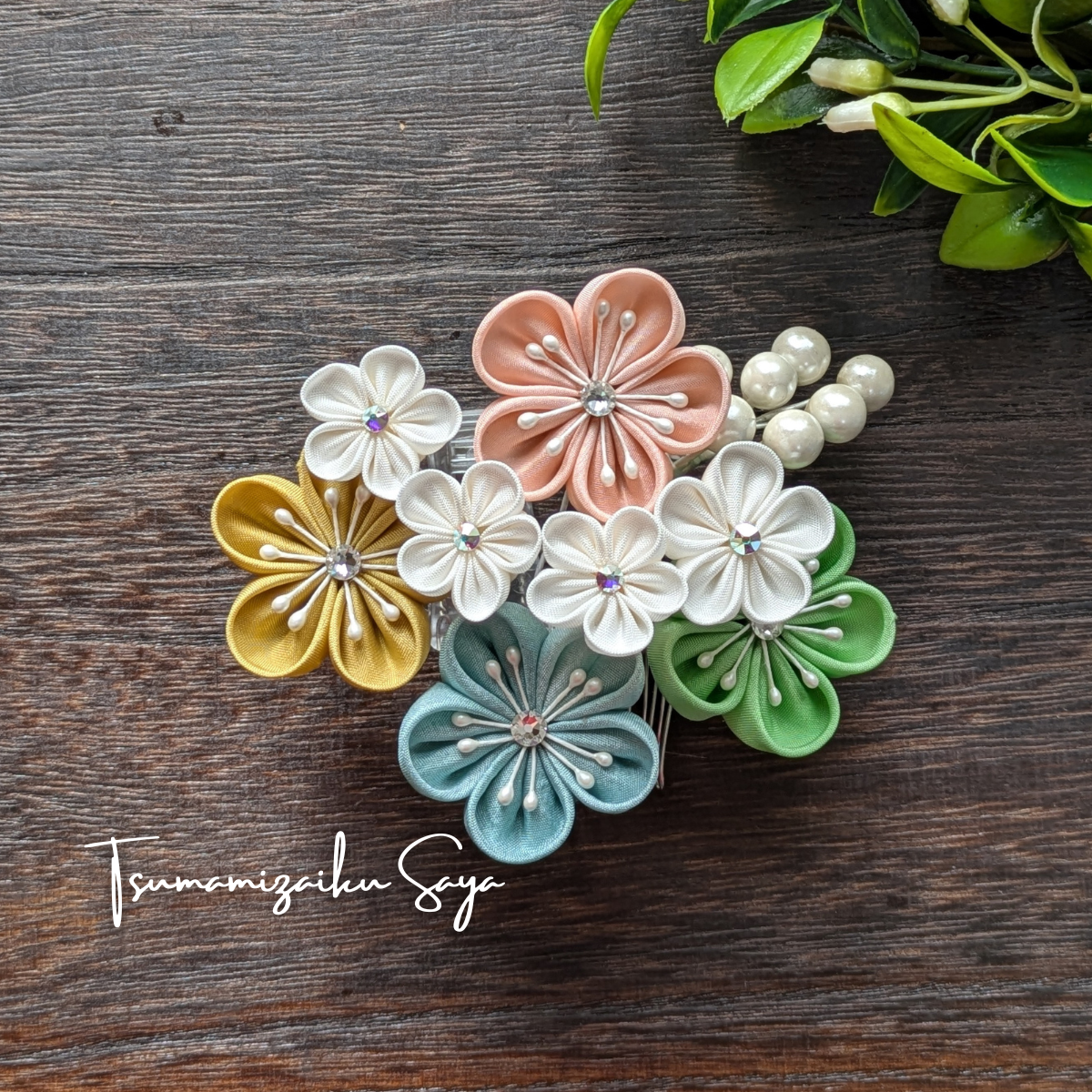 つまみ細工 髪飾り 和装 成人式 七五三 浴衣 卒業式 コーム 正絹 着物 芥子 緑 赤 青 col-4