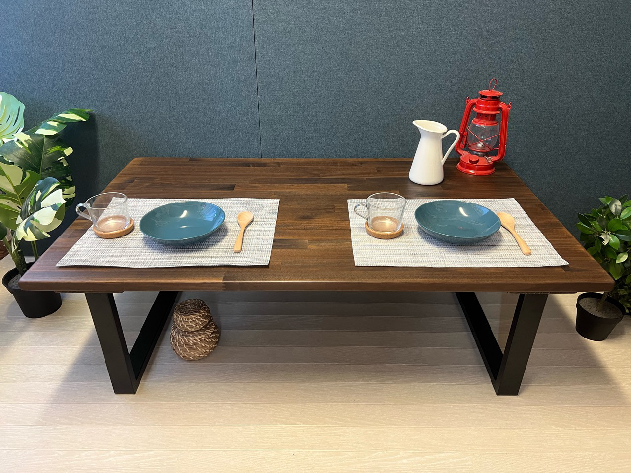 【送料無料】 ローテーブル 長方形 120cm 70cm パイン こげ茶 アイアン ロ型脚