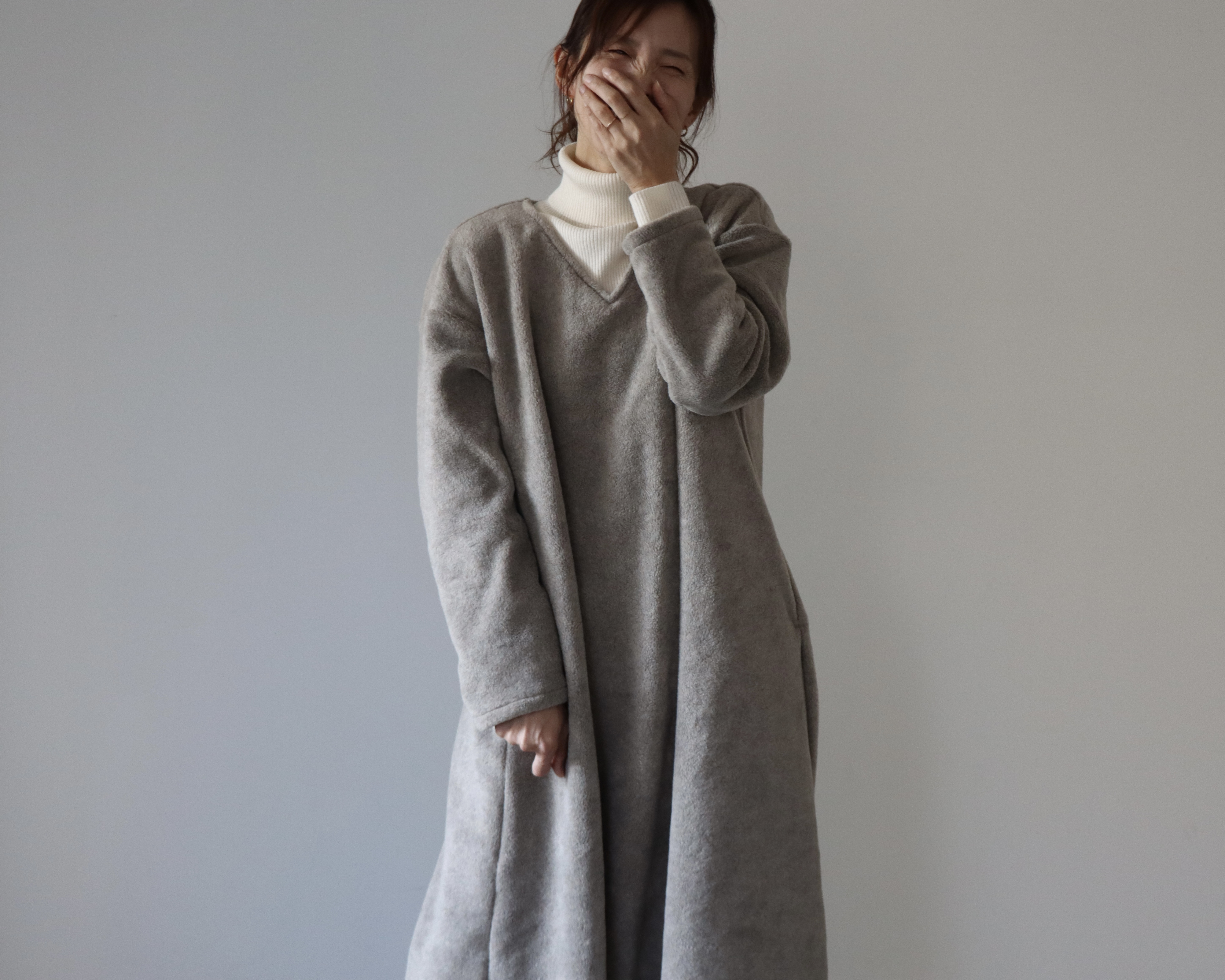 【グレージュ予約販売ページ】高級メルトンフリースリラックスワンピース／メルトンフリースワンピース／モコモコルームウェア