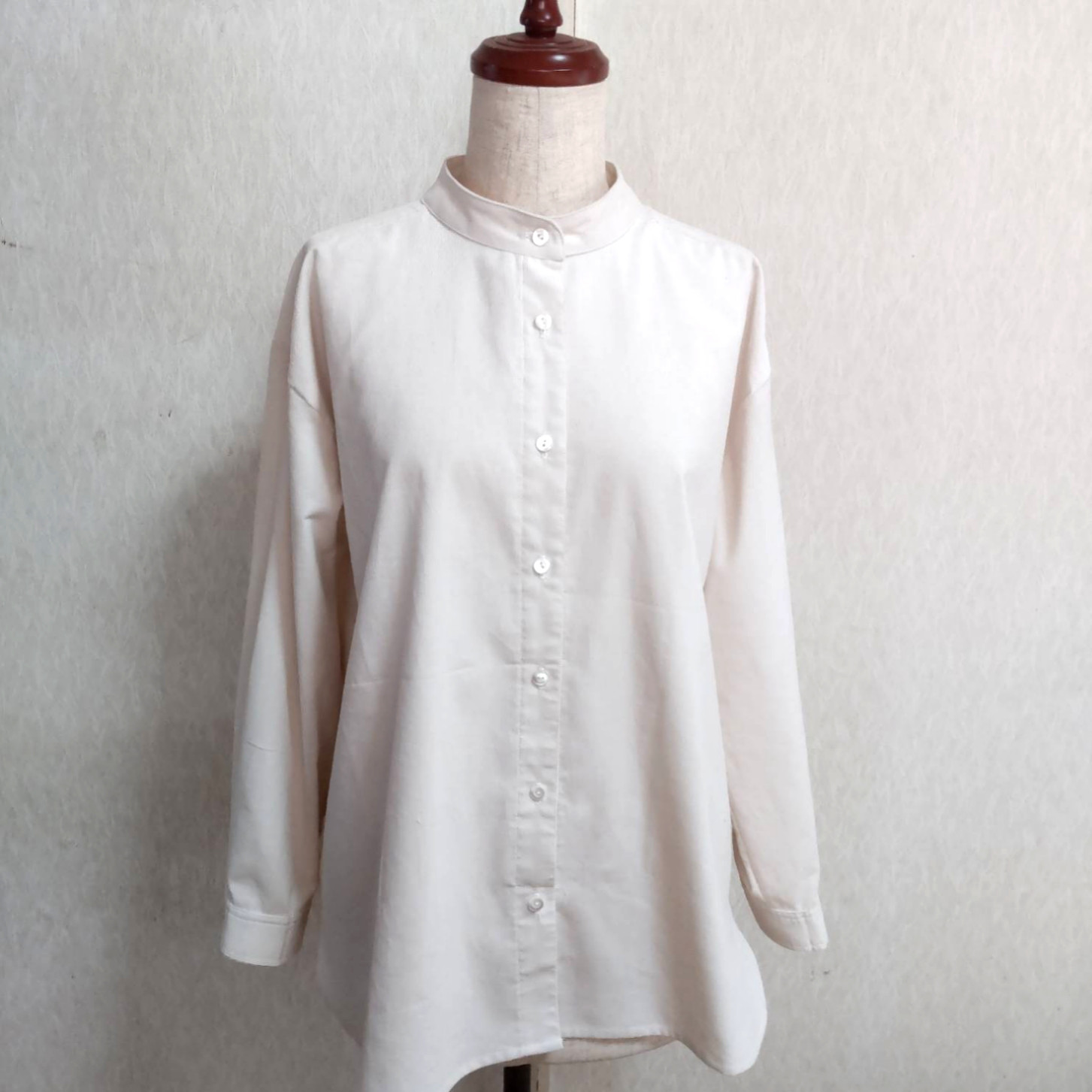 コーデュロイ   ブラウス   バンドカラー  スタンドカラー  コットン 綿  ホワイト クリーム  長袖  Lサイズ