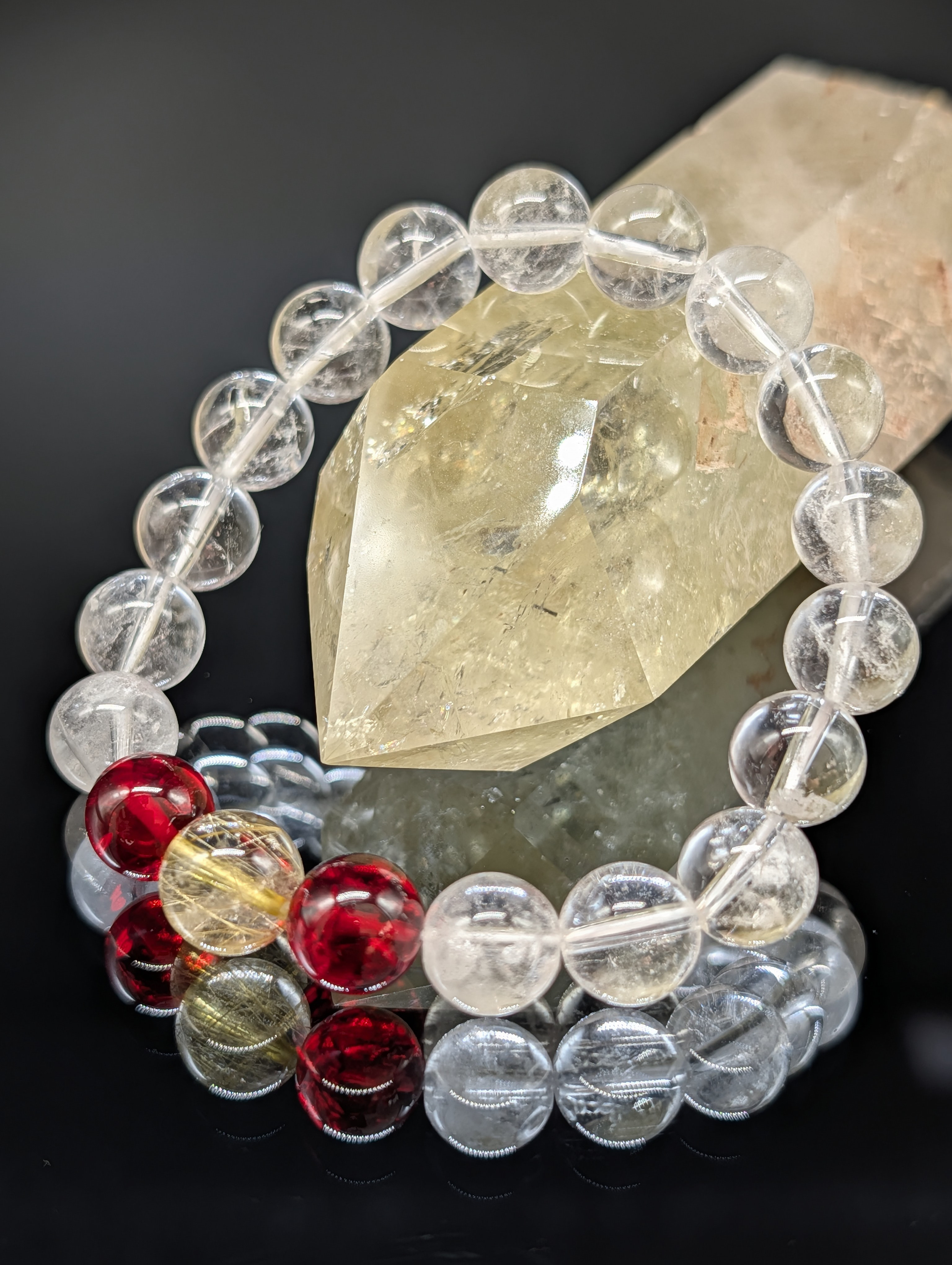 【最強金銭運・大願成就・健康】ゴールドルチルクォーツ レッドアンバー カンチェンジュンガ水晶 10mm ブレスレット