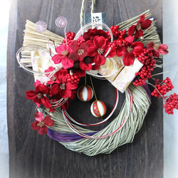 新作【送料無料】特大お正月飾り レッドとオレンジ系のダリアと椿の