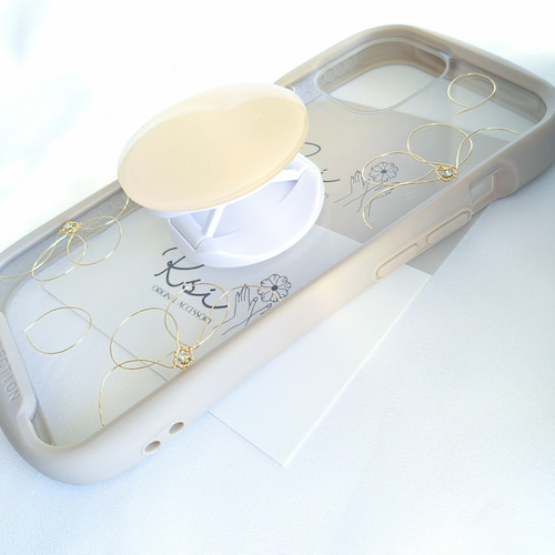 【ぷっくり くすみベージュ】スマホソケット付き　ワイヤーアート フラワー ぷっくり くすみベージュ】スマホソケット付き ワイヤーアート