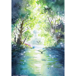 原画】庭園の風景（水彩画/額無し）☆送料無料 風景画 新緑 絵画