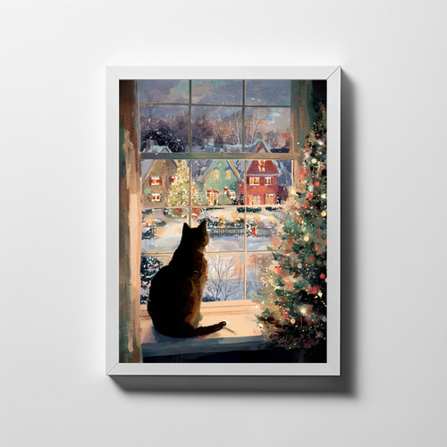 クリスマスイルミネーションを眺める猫 風景画 インテリアアート