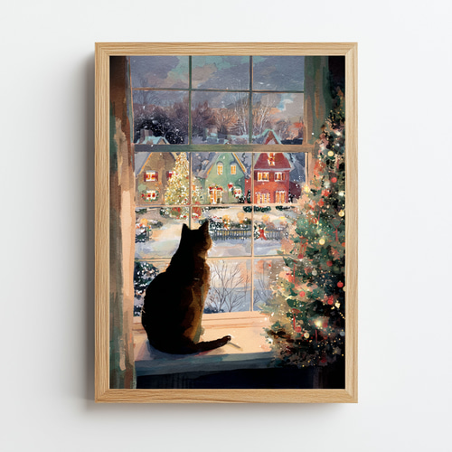 クリスマスイルミネーションを眺める猫 風景画 インテリアアート
