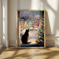 クリスマスイルミネーションを眺める猫 風景画 インテリアアート