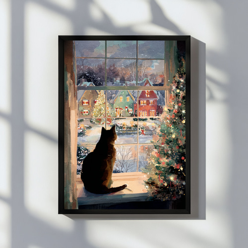 手書き油絵 サンタねこ 絵画 インテリア 油彩画 クリスマス プレゼント インテリアアート サンタ猫 “クリスマスの部屋” ＜約33×24cm