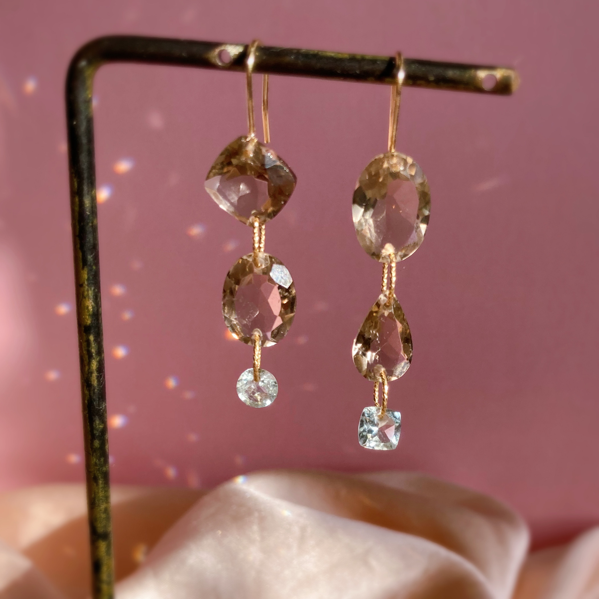 Prana gem drops✴︎滴る宝石のしずく✴︎アクアマリン ✴︎スモーキークォーツ✴︎k14gf