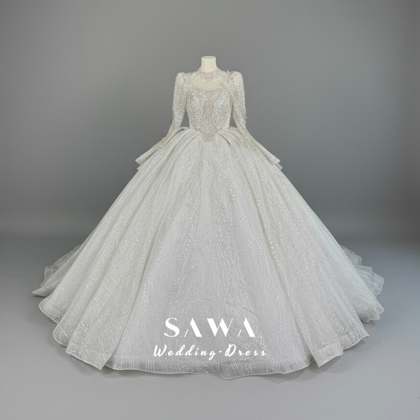 イリュージョンネック　長袖　2026春婚　たっぷりなビジュー　上品　ウェディングドレス　ロングトレーン　編み上げ　結婚式