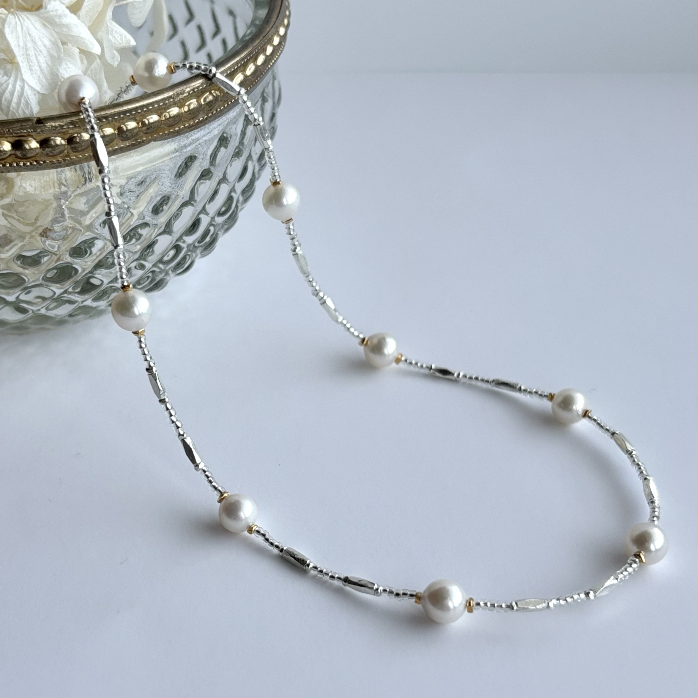 あこや真珠・カレンシルバー・ヴィンテージビーズのネックレス