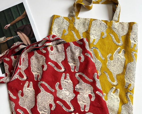 インド綿 虎柄 レッド/イエロー2色展開】トートバッグ ハンドブロック
