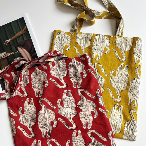 インド綿 虎柄 レッド/イエロー2色展開】トートバッグ ハンドブロック
