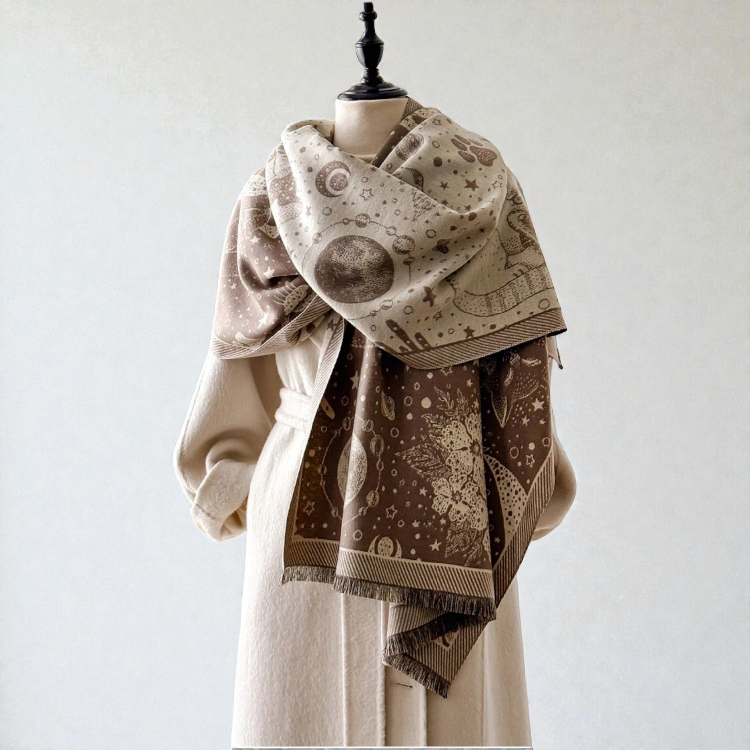宇宙猫のジャカード織り大判ストール マフラー　ブラウン