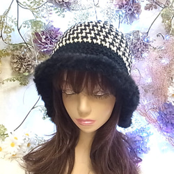 ニット帽 ニットキャップ 帽子 ちどり格子 ブラック 小顔効果　 4枚目の画像